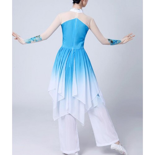 Chinese folk dance dresses gradient color blue pink green china style ancient fairy yangko fan traditional dance costumes tops and pants